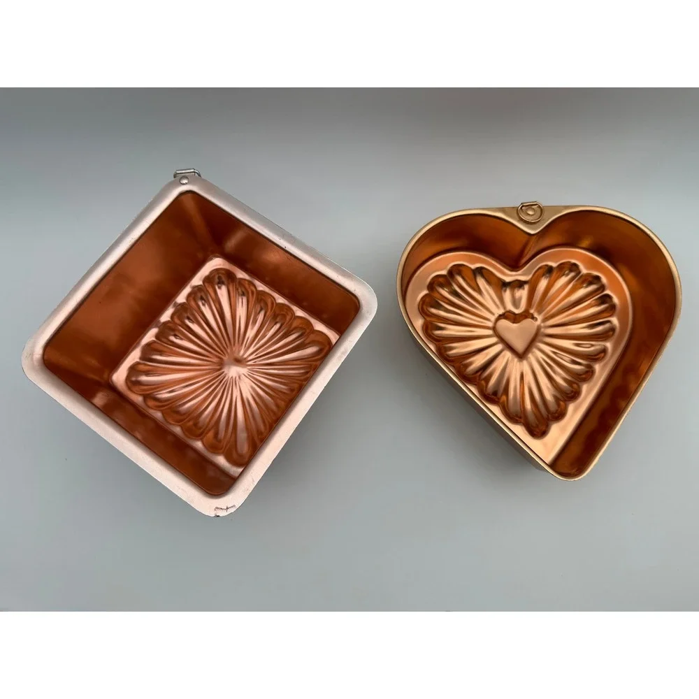 Vintage‎ Copper Tone Aluminum Jello Molds Heart Square Sunburst Set of 2 H074